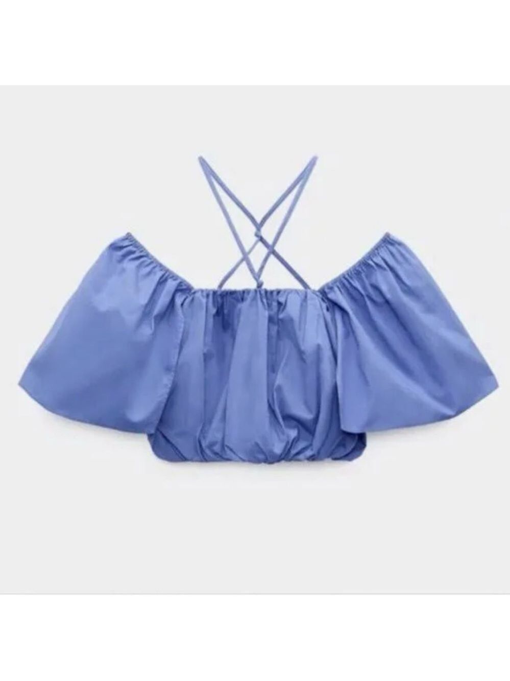 Zara Blue Ruched Ruffled Puff Crop Top